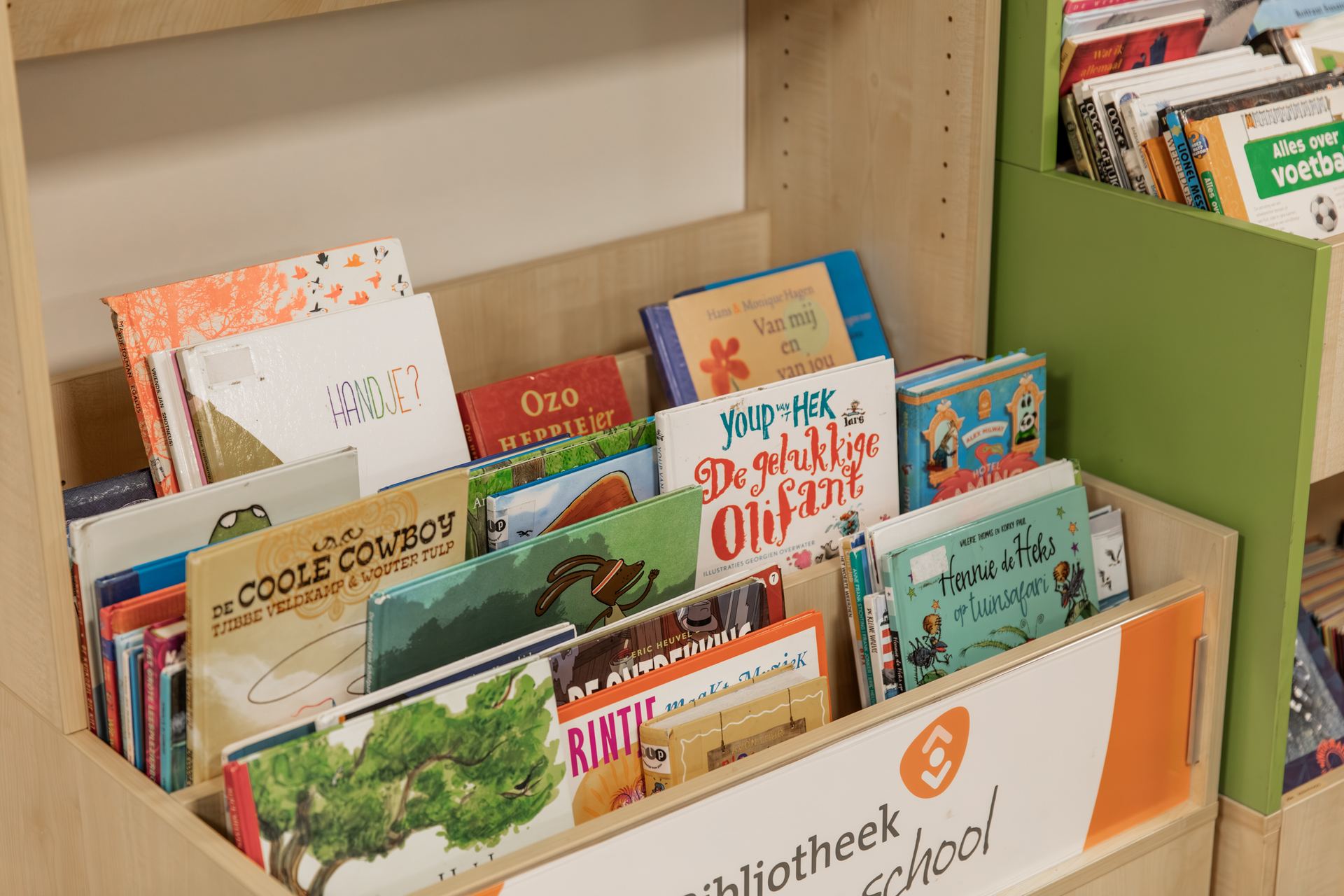 Een bak met prentenboeken van de Bibliotheek op school