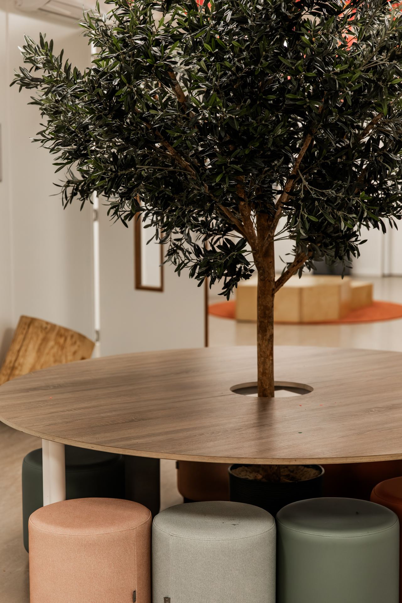 Een boom midden in een ronde tafel in de hal van het gebouw